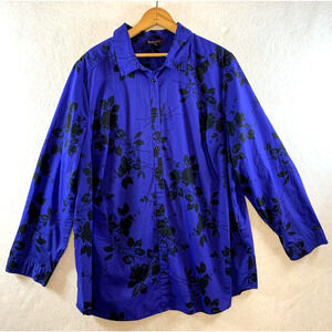Roamans Womens Button Top‎ Sz 24 W Dark Romantic Contrast Floral Office Career